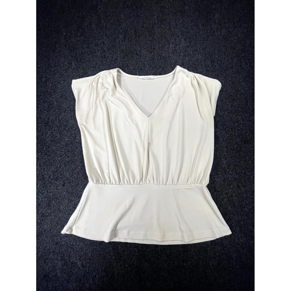 Downeast Peplum Blouse Top Womens Small Beige Stretch V Neck Gathered Waist